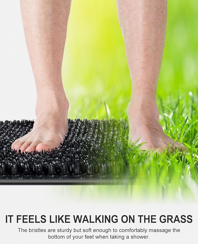 OTHWAY Non Slip Grassy Bathtub Mat : 25.6X13.4 inches Sturdy But Soft Bath Mat_Quick Drain Shower Floor Mat with Soft Bristles for Scrubbing Feet (Black)