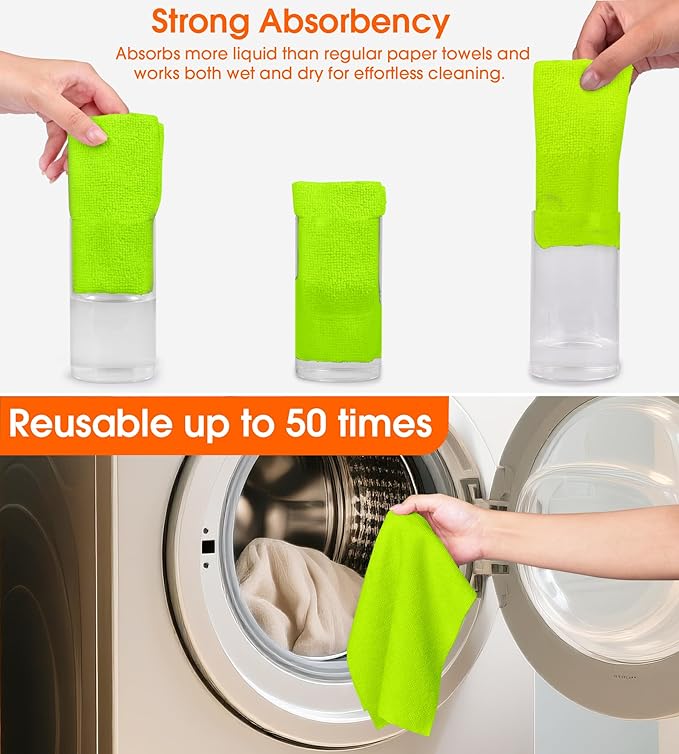 Roll of Microfiber Cleaning Cloth –100 Pack, Tear Away Microfiber Towels, Reusable, Washable, Scratch-Free, Cleaning Supplies,Kitchen Towels for Car, Home, Kitchen, Dishes(Neon Green)