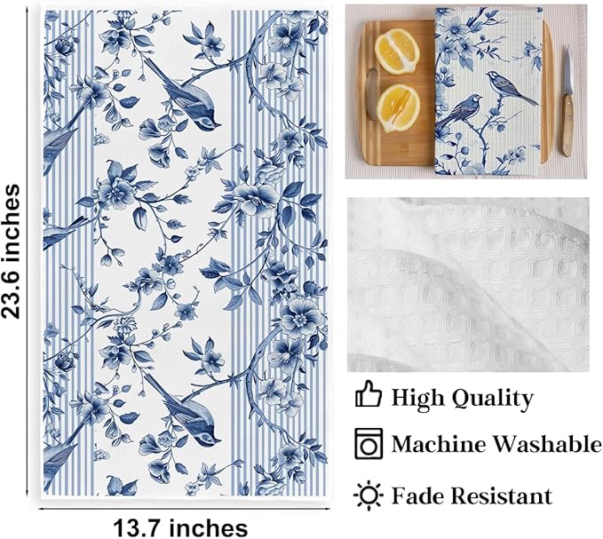 2 Pcs Artistic Bird Kitchen Towels, Floral Art Decorative Absorbent Microfiber Dish Cloth Tea Towel, Waffle Soft Hand Towels for Farmhouse Home Bathroom, Housewarming Gifts