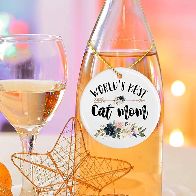 World's Best Cat Mom Ceramic Ornaments Gifts, Cat Mother Round Hanging Ornament Decor Decorations for Christmas Tree Car, Thank You Appreciation Gifts for Cat Lovers Women Birthday Holiday