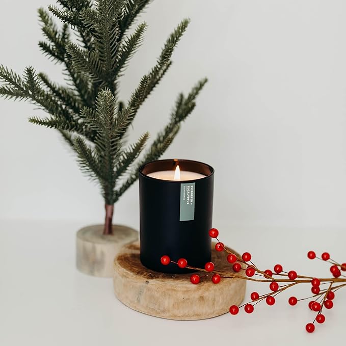 Calyan Wax Co. Soy Wax Candle, Evergreen + Eucalyptus Scented Candle, 75 Hour Burn Time, Aromatherapy Soy Candles, Non Toxic & Vegan Soy Wax, Black Tumbler Scented Candles, 10.2oz