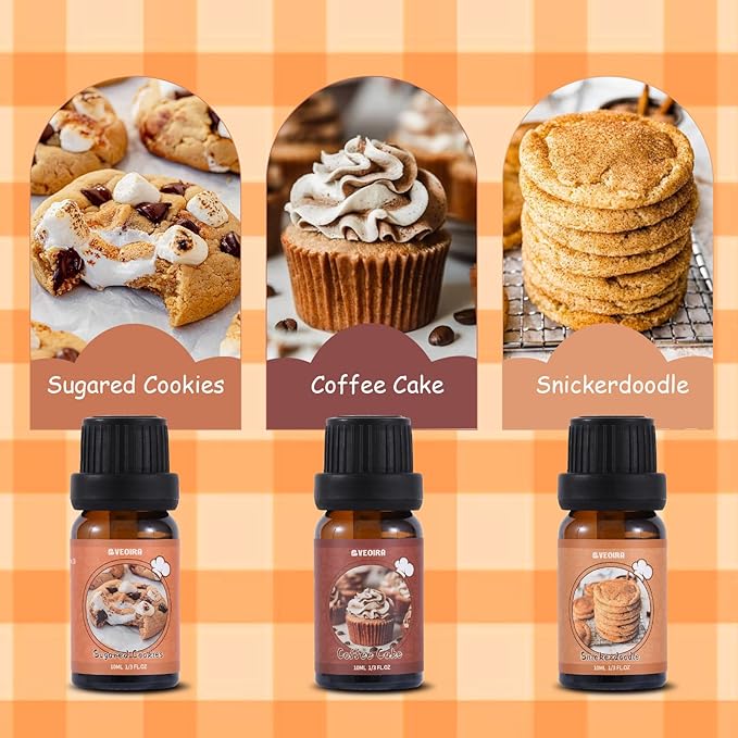 Bakery Fragrance Oils Set, AVEOIRA Sweet Essential Oil Set for Diffuser, Candle, Soap Making Scented Oils, Peach Pie, Pumpkin Pie, Snickerdoodle, Coffee Cake, Sugared Cookies, Gingerbread, 6x10ml