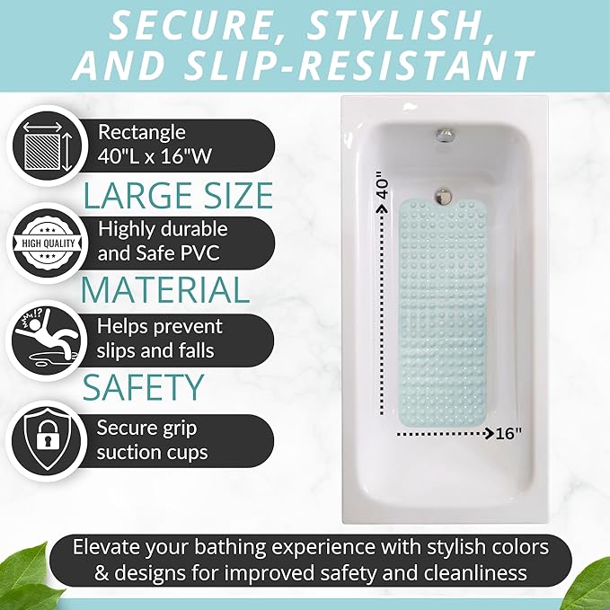 ENKOSI Bath Mat - Large Non Slip Bathtub & Shower Mat - Extra Long 40 x 16 Inch Bathroom Mats for Tub Nonslip Anti Slip Bathmats (40x16 Mint Green 1-Pack)