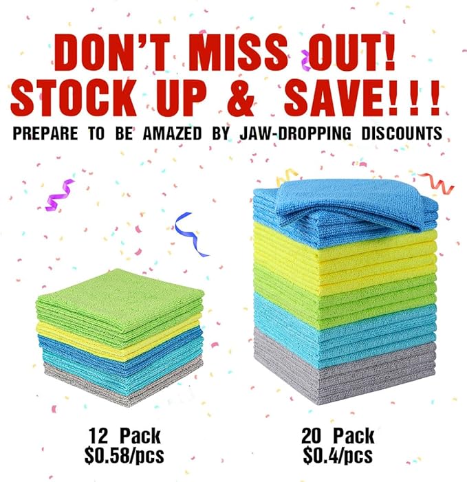 HOMEXCEL Microfiber Cleaning Cloths 20 Pack, Highly Absorbent Microfiber Towels, Lint & Scratch-Free Multi-Color Cleaning Rags for House, Kitchen and Car 11.5 x 11.5 inch