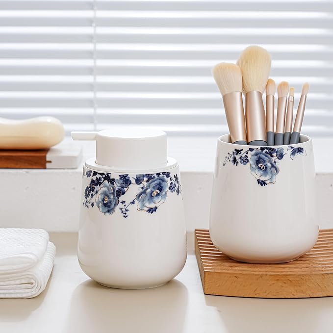 Soap Dispenser, Ceramic Foaming Soap Dispenser with Easy-to-Press Pump for Bathroom 10.8 oz refillable Liquid Hand soap Dispenser for Hand sanitizers, lotions (Blue Flower Foam Dispenser)