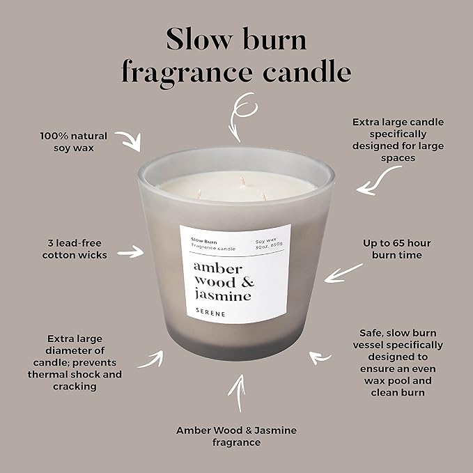 Hidden Label Large Scented Candle, Amber Wood & Jasmine, 30oz 3 Wick Huge Candle, Serene Collection Slow Burn Natural Soy Candles for Home Scented