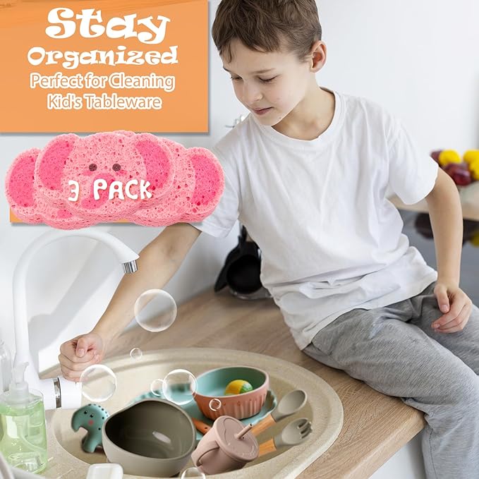 3 Pcs Cute Compressed Wood Pulp Cotton Sponges,Elephant Animal-Shaped Reusable and Highly Absorbent for Dishwashing, Kitchen Surfaces, and Bathroom Cleaning
