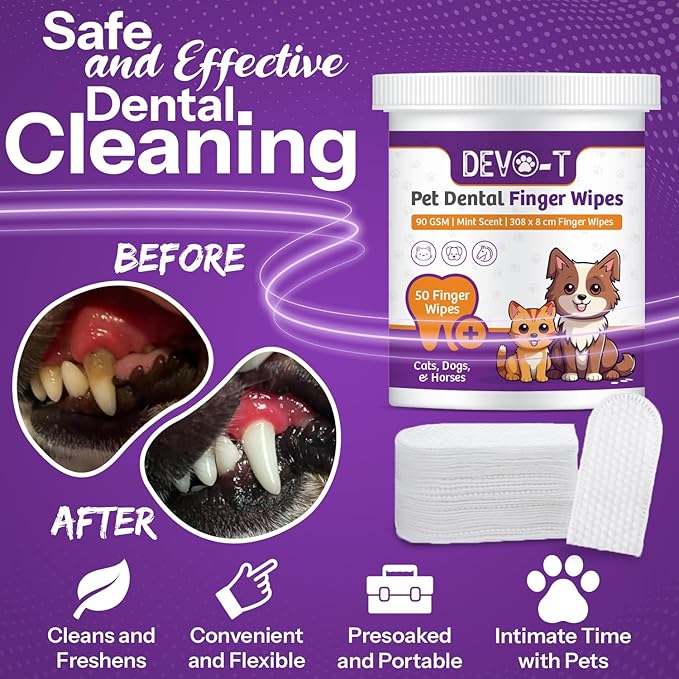 DEVO-T 100% Natural Dog Teeth Cleaning Wipes Unscented | 50 Count | Pet Teeth Cleaning Finger Wipes for Dogs, Cats & Horses | Remove Bad Breath, Plaque & Tartar Buildup | Dog Dental Wipes Finger