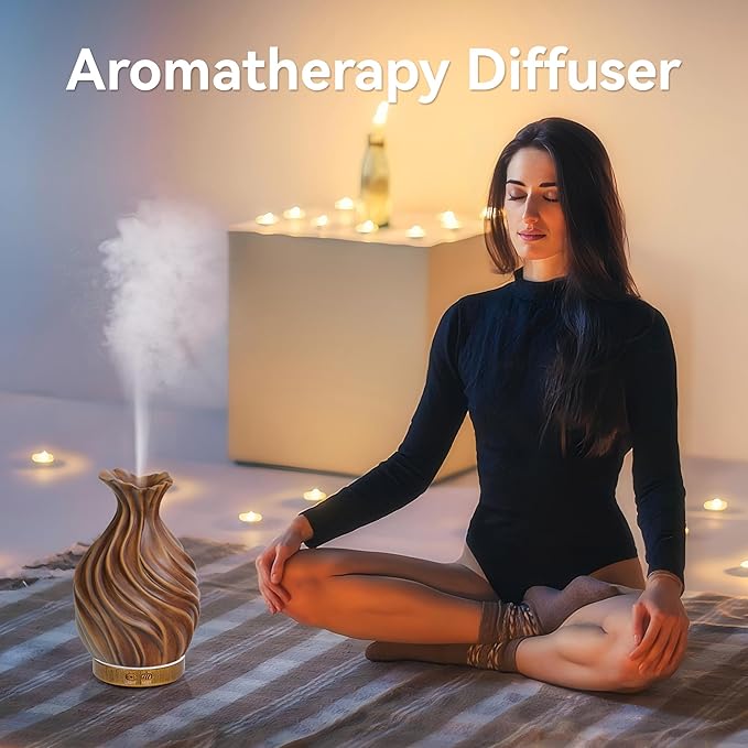 200ml Essential Oil Diffuser for Home, Wood Grain Cover Aromatherapy Diffuser, Cool Mist Humidifier with Safe Auto Shut-Off and 2 Mist Modes & 7 Color LED Night Lights for Office Room (VASE01)