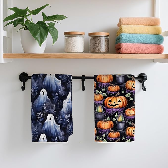2 Pcs Halloween Spooky Ghost Kitchen Towels, Gothic Pumpkin Decorative Absorbent Microfiber Dish Cloth Tea Towel, Waffle Soft Hand Towels for Farmhouse Home Bathroom, Halloween Decor