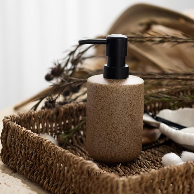 EMPO Stone-Textured Vintage Ceramic Dispenser, High-Color Rough Modern Zen Black ABS Press Bottle for Hand Soap, Shampoo, Conditioner for Bathroom and Kitchen (350ml/11.83oz)