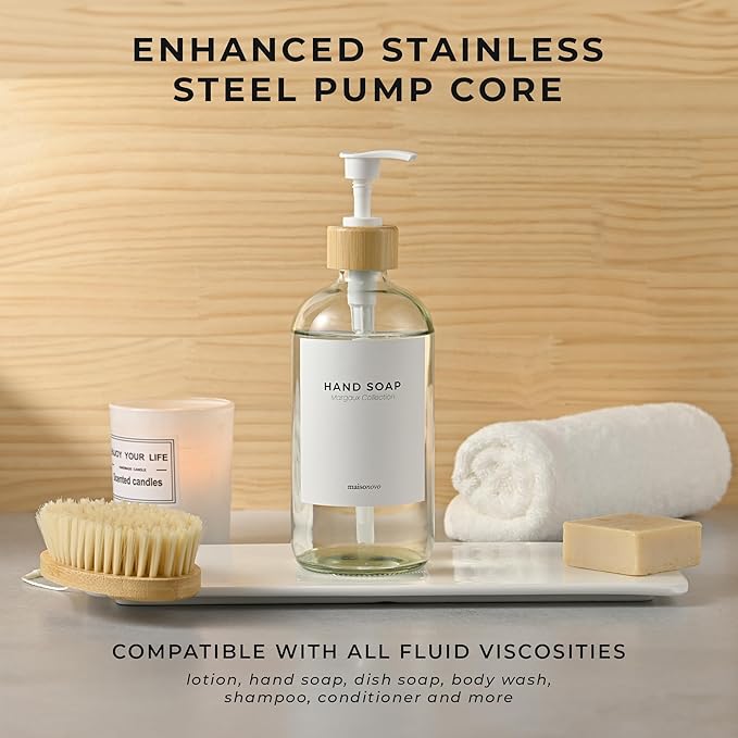 MaisoNovo Glass Hand Soap Dispenser | Dish Soap Dispenser for Kitchen | 16.9oz Clear Bottles with White Bamboo Pump | Bathroom Lotion Dispenser