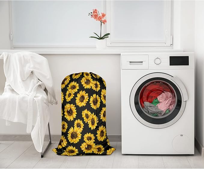 Swono Sunflowers Large Capacity Laundry Hamper Basket Classic Floral Leaf Romantic Bouquet Blossom Storage Baskets for Bedroom, Bathroom, Dorm, Washing Room, Machine Washable, Black Yellow