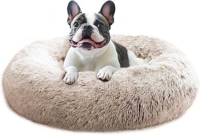 JOLLYVOGUE Small Dog & Cat Beds for Indoor Cats, Donut Cuddler Warming Soft Dog Beds with Anti-Slip Bottom, Round Calming Fluffy Plush Faux Fur Cushion Bed for Small Dogs (20")