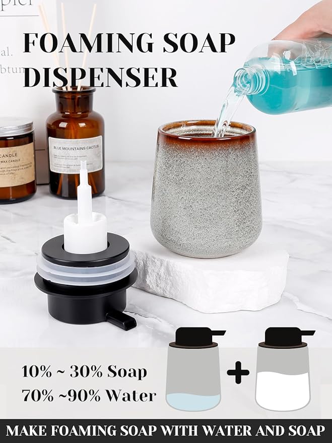 INGOFIN Ceramic Foaming Soap Dispenser -12oz Foam Hand Soap Dispenser Bathroom, Modern Refillable Dish Wash Soap Bottle for Kitchen with Large Pump,Kiln-Glazed