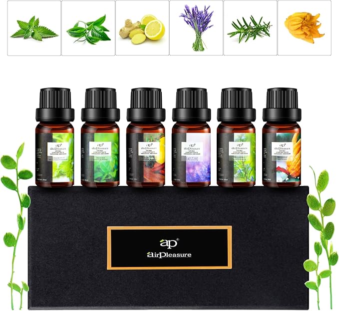 Fresh Essential Oils Set, 6x10ml Aromatherapy Oil Gift Kit for Diffuser, Fragrance, Humidifiers, Air Purifier- Tea Tree, Bergamot, Rosemary, Lavender, Lemon, Peppermint