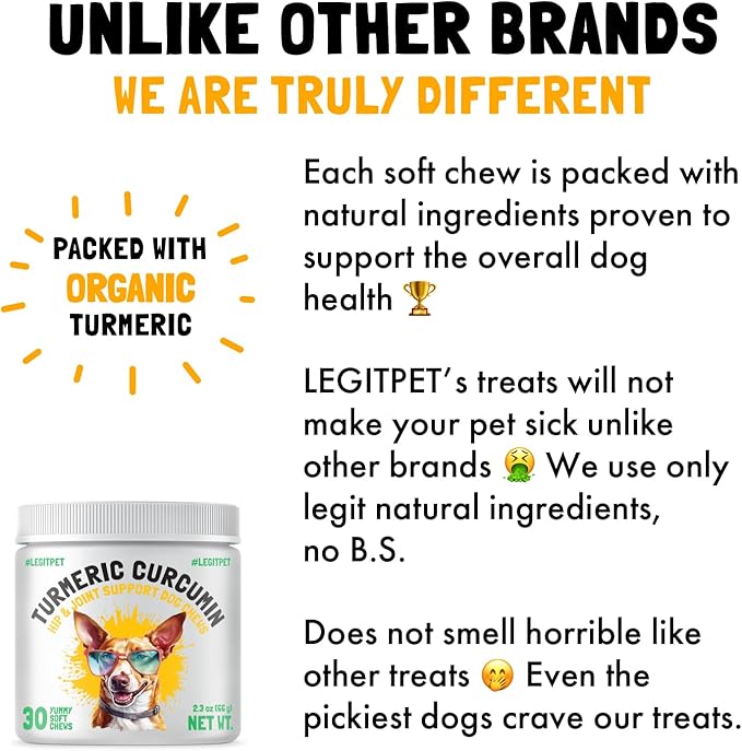 LEGITPET Turmeric Curcumin Hip & Joint Supplement for Dogs – Supports Mobility, Comfort & Overall Wellness – with Collagen & BioPerine – 30 Chews