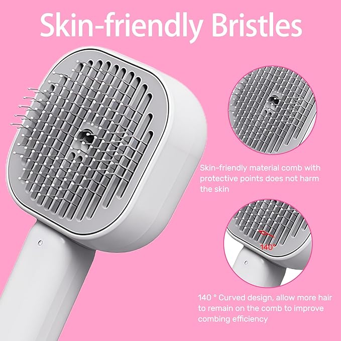 Pet Steam Brush for Cats, 4 in 1 Cat Brush for Long Haired Cats Kittens Dogs for Shedding Grooming Massage Self Cleaning (White Grey)