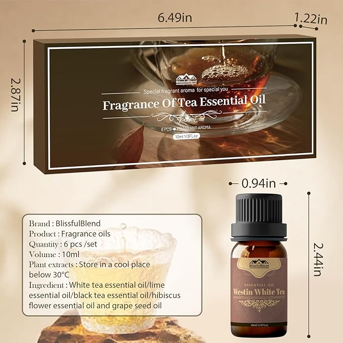 6 Pack Westin White Tea Spring Essential Oil Diffuser for Home Care and Candle Making BlissfulBlend Atmosphere Fragrance of Essential Oil Gifts Set 10ML Matcha Jasmine Citron Lemon Tea