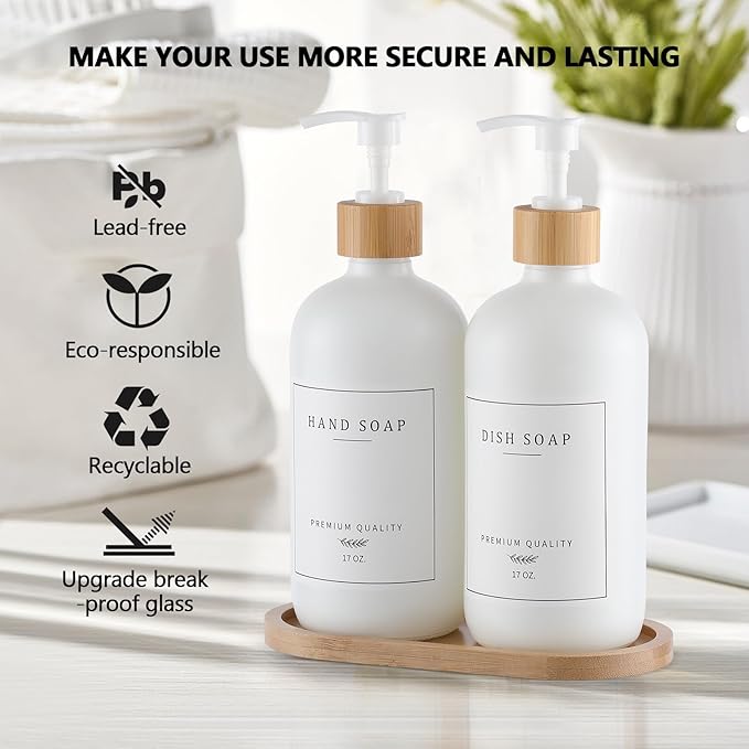 White Glass Soap Dispenser - Hand Dish Soap Dispenser Set for Kitchen, Bathroom with Sturdy Pump and Tray, 14 Waterproof Labels,Refillable Soap Lotion Dispenser-White