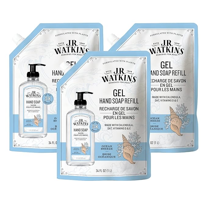 J.R. Watkins Gel Hand Soap Refill, Moisturizing Hand Wash, Alcohol-Free, Cruelty-Free, Ocean Breeze, 34 Fl Oz, 3 Pack