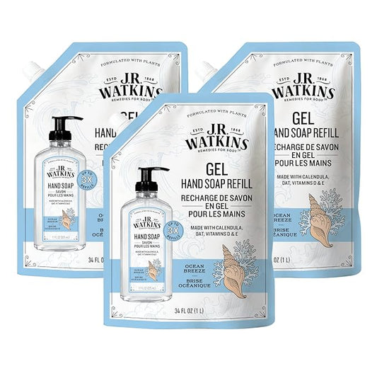 J.R. Watkins Gel Hand Soap Refill, Moisturizing Hand Wash, Alcohol-Free, Cruelty-Free, Ocean Breeze, 34 Fl Oz, 3 Pack