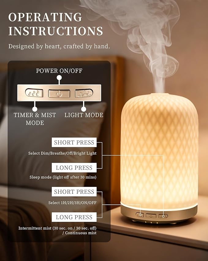 Essential Oil Diffuser,120ML 2.4MHz Ultrasonic Aromatherapy Diffusers for Essential Oils Large Room, Ceramic Diffusers Decorative Aroma Diffuser, Ideal Air Diffusers for Home, Room Decor, Yoga, White