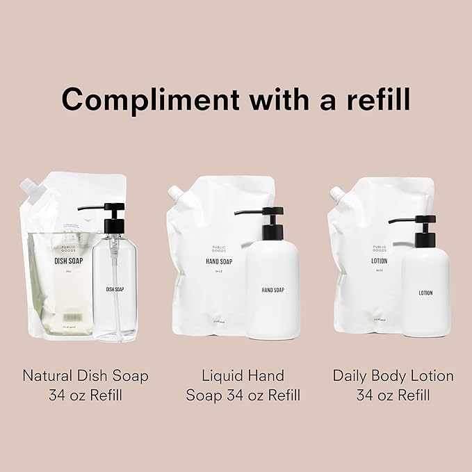 Public Goods Ceramic Hand Soap Dispenser Pump for Bathroom and Kitchen | Liquid Hand Soap Refill Bottle | Made Stoneware and Black Stainless Steel | 16 Oz Dispenser