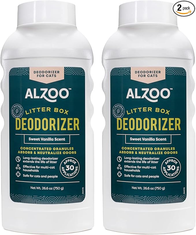 ALZOO Cat Litter Deodorizer, Concentrated Granules Absorb & Help Neutralize Odors, 100% Plant-Based Active Ingredients, Up to 30 Uses, Sweet Vanilla Scent, 26.6 Oz., Pack of 2