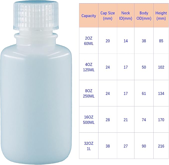 1000ML 32OZ Nature Narrow Mouth HDPE Plastic Reagent Bottles with Caps Pack of 8
