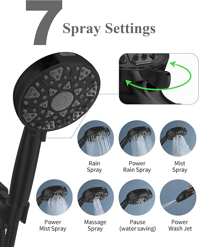 High Pressure Shower head with Handheld 7 Modes, Built-in Power Wash to Clear Tub. Tile & Pets, 5” High Flow Hand Held Hydro Rain Showerhead with Stainless Steel Hose and Adjustable Bracket-Matt Black