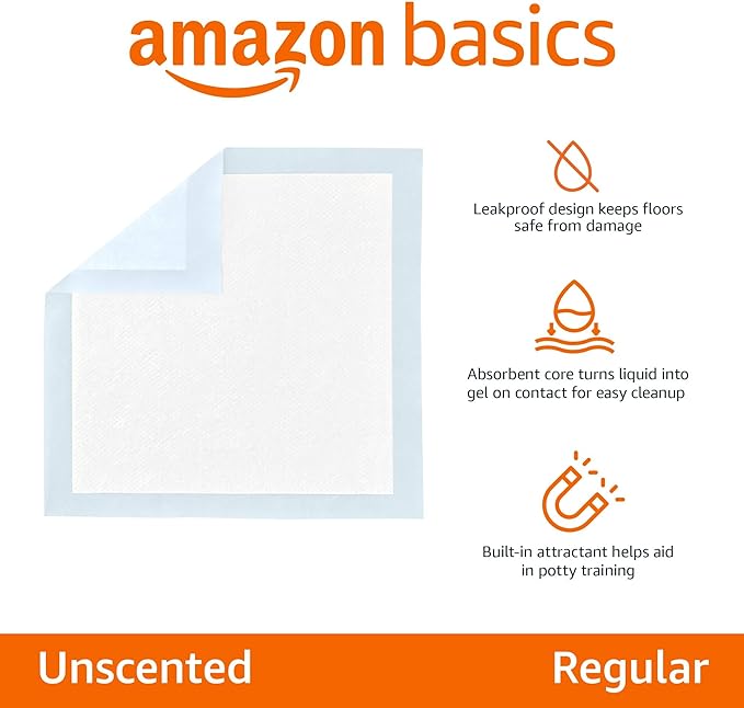 Amazon Basics Dog and Puppy Pee Pads, 5-Layer Leak-Proof Super Absorbent, Quick-Dry Surface, Potty Training, Regular (22x22"), 50 Count, Blue & White