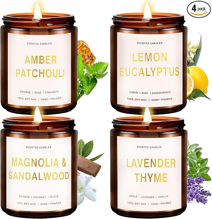 4 Pack Candles for Home Scented, 28oz Soy Candles Non Toxic, 240 Hour Long Lasting Scented Candle, Aromatherapy Candle with Lavender,Magnolia,Amber,Lemon - Candle Set Gifts for Women & Christmas