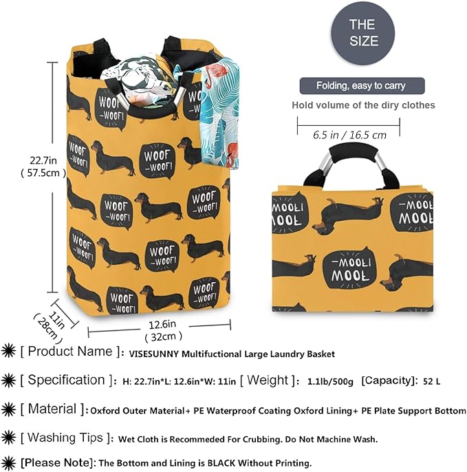visesunny Collapsible Laundry Basket Dog Woof Cartoon Animal Large Laundry Hamper Oxford Fabric Dirty Clothes Toy Organizer with Handle For Bathroom Kids Room Dorm