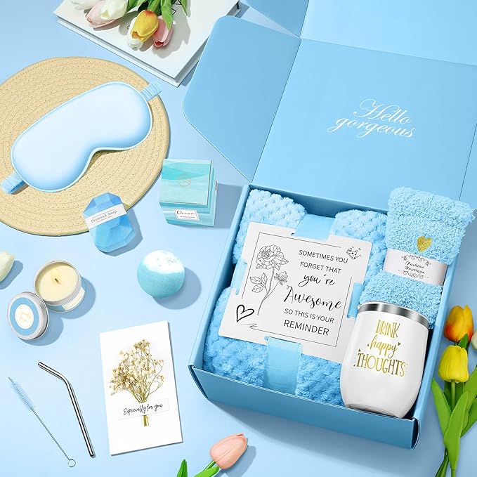 Happy Birthday Gifts for Women Mom Her Friend Sister Wife Grandma, Self Care Gifts Get Well Gifts Unique Relaxing Spa Gift Basket Set, Christmas Gifts for Women Mom Grandma (Blue)