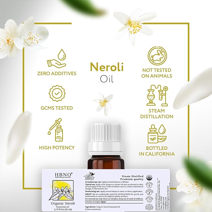 HBNO Organic Neroli Essential Oil- 1/3 oz (10ml) Size - Ideal for Diffusers, Cleaning Agents, Skincare, and Haircare.
