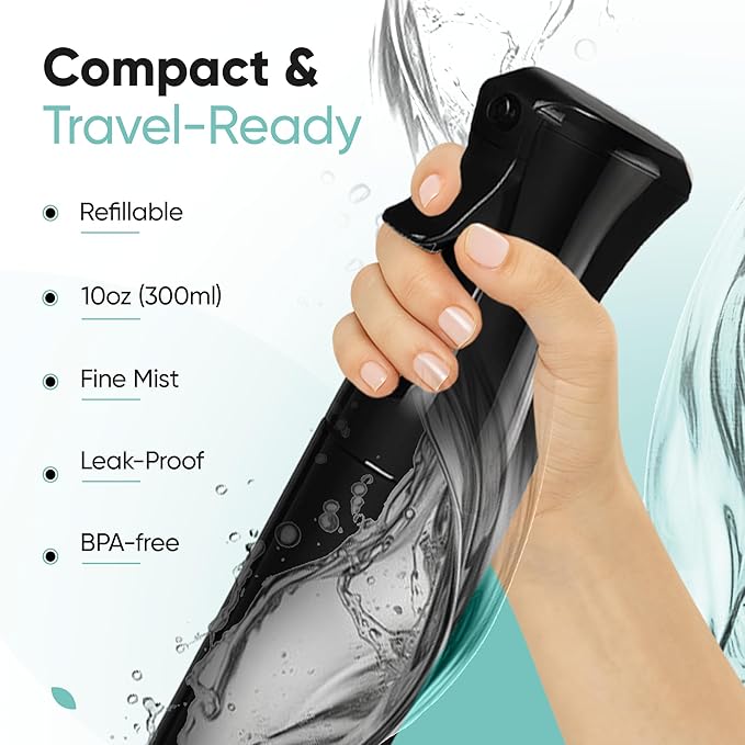 Aquableu Spray Bottle for Hair – Continuous Mist Spray Bottle for Hair Care, Styling, Cleaning, Plants, Pets & Essential Oils (Black, 10oz)