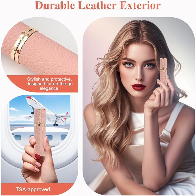 Refillable Travel Perfume Bottle – Fine Mist Atomizer, Bottom Fill, Genuine Leather Shell, TSA Approved, For Daily Refresh & Travel (Pink, 10ml)