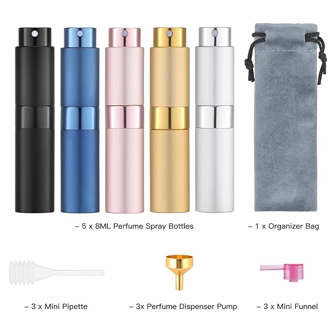 Tekson Travel Perfume Atomizer Refillable 8ml (5 PCS), Travel Cologne Sprayer Mini, Perfume Bottle Empty Small (5 Colors)