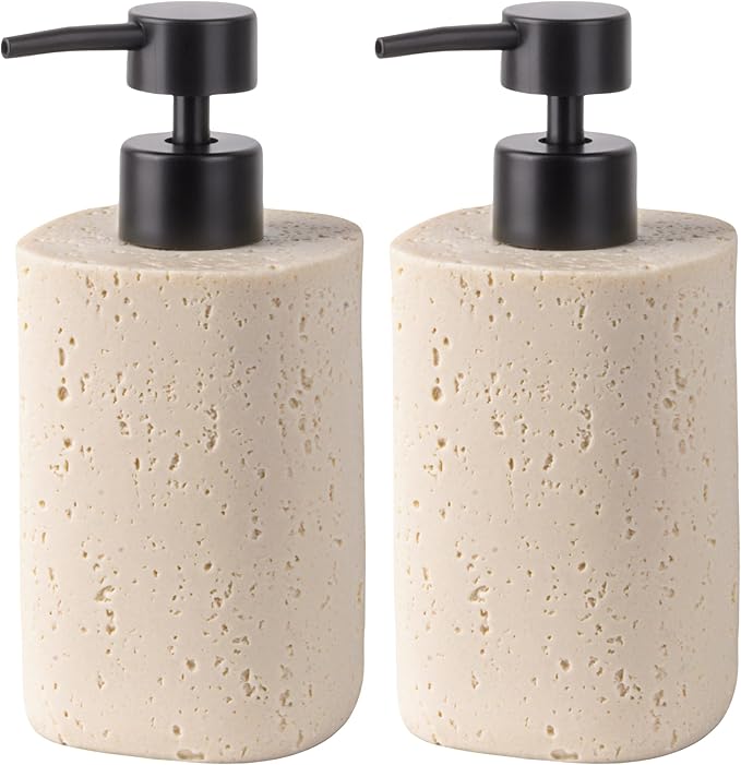 2 Pack Beige Resin Soap Dispensers, Refillable Liquid Lotion Dispenser Bottles with Travertine-Look for Bathroom and Kitchen Countertop, Modern Stone Texture (10.8 oz)