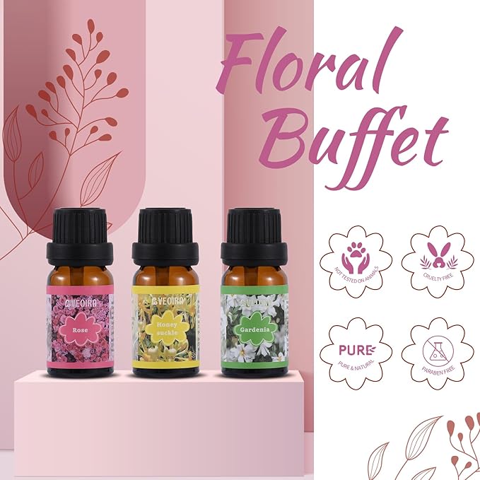 Floral Fragrance Oils Set, Premium Essential Oils Set for Diffuser, Candle, Soap Making Scented Oils, Cherry Blossom, Jasmine, Freesia, Honeysuckle, Rose, Gardenia, 6x10ml