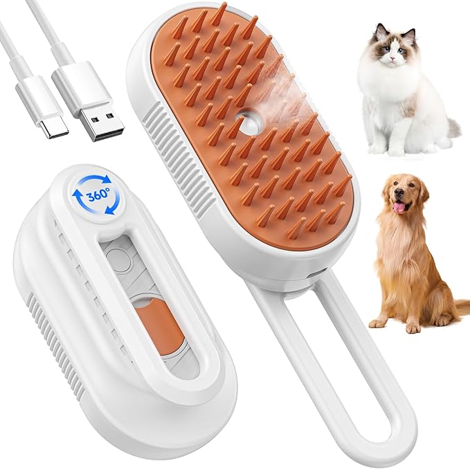 Cat Steam Brush for Shedding, 4 in 1 Rechargeable Steam Brush for Cats and Dogs, Anti-Static, Massage, Cleaning, Shedding & Combing All In One!