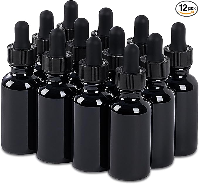 12 Pcs, 1oz Glass Dropper Bottle, Leakproof Tincture Bottles with Dropper, Black Reusable Eye Dropper Bottle for All Kinds of Liquids (Black,1oz-12pcs)