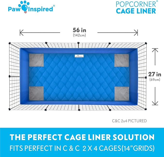Paw Inspired PopCorner Guinea Pig Cage Liners | Washable Fleece Bedding or Pet Bed Mat for Small Animals | Super Absorbent Pee Pad with Reinforced Corners and Waterproof Bottom (C&C 2x4, Blue)