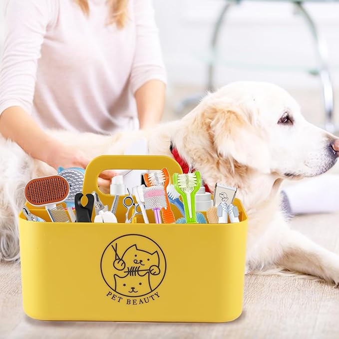 Dog Storage Organizer for Grooming Supplies,Portable Caddy Organizer for Pet Stuff,Divided Storage Bin for Dog Cat Grooming Kit,Dog Stuff Organizer with Handle for Shampoo,Clipper,Comb-Yeloow