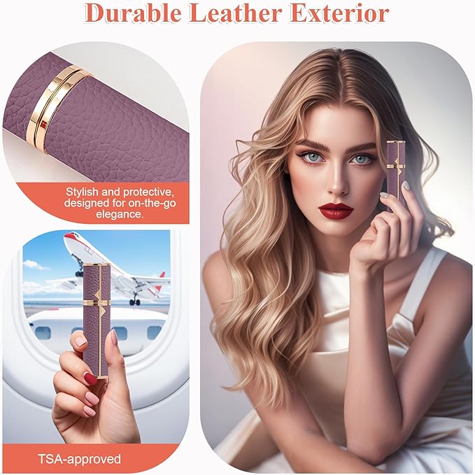 Refillable Travel Perfume Bottle – Fine Mist Atomizer, Bottom Fill, Genuine Leather Shell, TSA Approved, For Daily Refresh & Travel (Purple, 10ml)