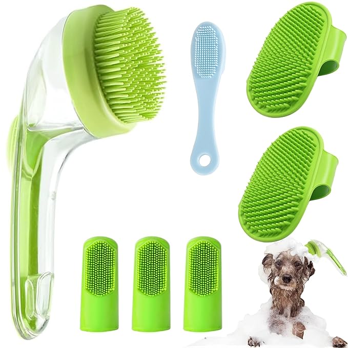 7 PCS Pet Bath Brush Set, Dog Bath Brush with Shampoo Dispenser, Cat Chin Cleaning Brush, Dog Toothbrush, Adjustable Glove Massage Brush, Pet Scrubber for Bathing Long Short Haired Dogs Cats (Green)