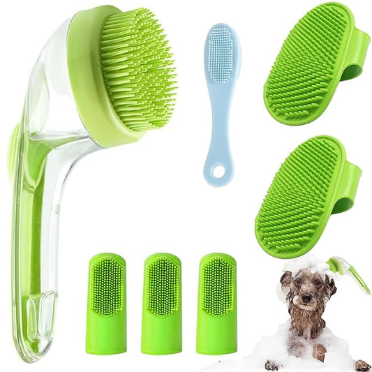 7 PCS Pet Bath Brush Set, Dog Bath Brush with Shampoo Dispenser, Cat Chin Cleaning Brush, Dog Toothbrush, Adjustable Glove Massage Brush, Pet Scrubber for Bathing Long Short Haired Dogs Cats (Green)