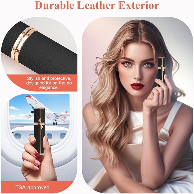 Refillable Travel Perfume Bottle – Fine Mist Atomizer, Bottom Fill, Genuine Leather Shell, TSA Approved, For Daily Refresh & Travel (Black, 10ml)