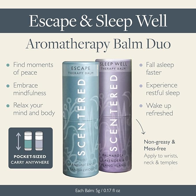 Scentered Aromatherapy Balm Stick Duo for Sleep & Meditation - Roll On Essential Oil Blends of Oud, Lavender, Ylang Ylang - Aromatherapy Gifts for Women - Sleep Well & Escape